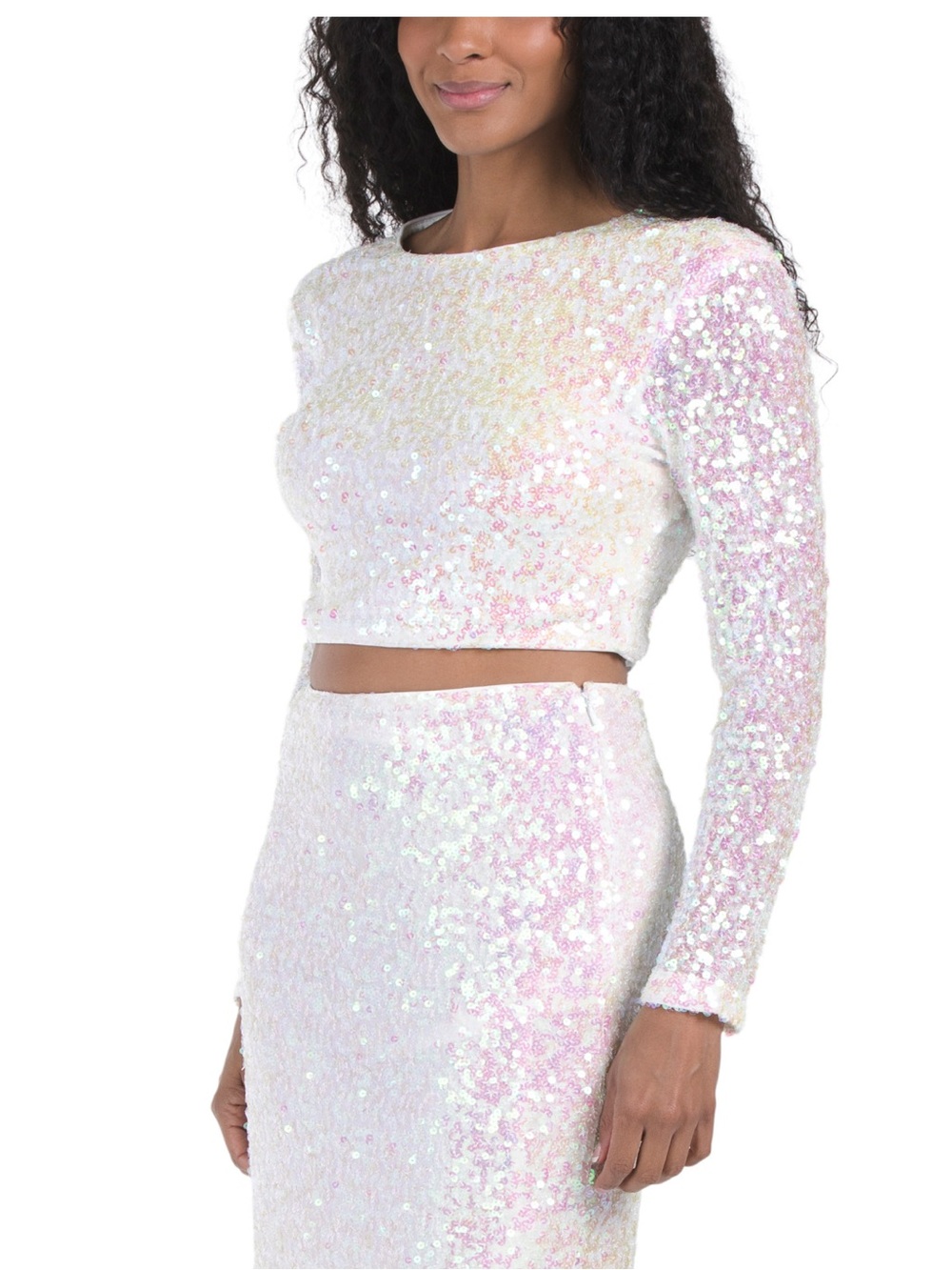 NWT Endless Rose White Iridescent Sequin Open Back Crop Top Size Small